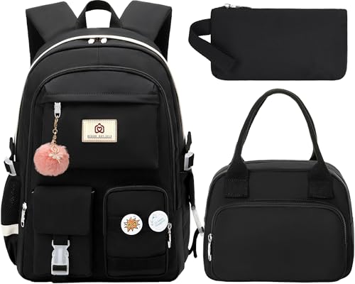 Hidds School Backpack for Teen Girls Women College Laptop Backpacks Kids Cute Bookbag Set with Lunch Box Pencil Case Elementary Middle High Campus Bag 3 Pcs Students Bookbags Sets Travel DaypackBlack - Image 1