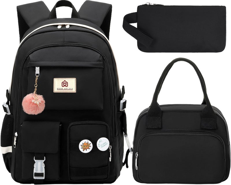 Hidds School Backpack for Teen Girls Women College Laptop Backpacks Kids Cute Bookbag Set with Lunch Box Pencil Case Elementary Middle High Campus Bag 3 Pcs Students Bookbags Sets Travel DaypackBlack - Image 2
