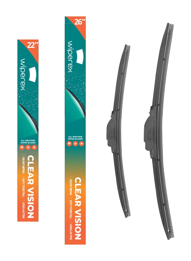 Wiperex WiperEx Wiper Blades for Volkswagen Teramont 2017 2018 2019 26" + 22" All Weather, Uniform Wiping, Premium Rubber, Perfect Fit, Silent, Reduced Wind Lift, No Marks (Set of 2)  - Image 1