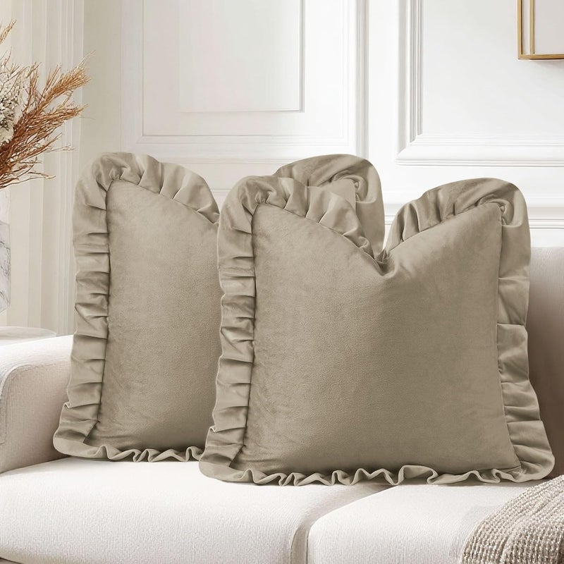 JIUZHEN Throw Pillow Covers for Couch Sofa Bed Livingroom，Taupe Velvet Decorative Soild Throw Pillow Covers with Ruffles，Set of 2，18x18 Inch - Image 1