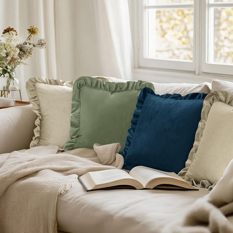 JIUZHEN Throw Pillow Covers for Couch Sofa Bed Livingroom，Taupe Velvet Decorative Soild Throw Pillow Covers with Ruffles，Set of 2，18x18 Inch - Image 5
