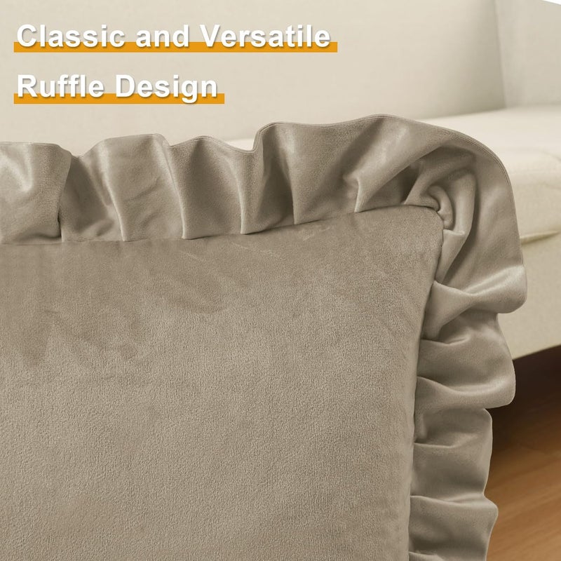 JIUZHEN Throw Pillow Covers for Couch Sofa Bed Livingroom，Taupe Velvet Decorative Soild Throw Pillow Covers with Ruffles，Set of 2，18x18 Inch - Image 3