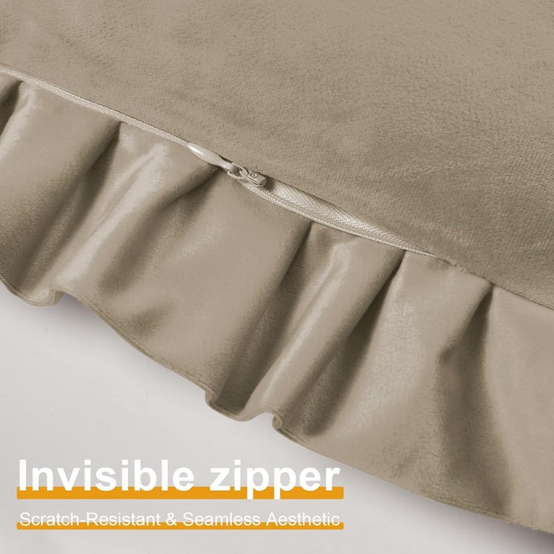 JIUZHEN Throw Pillow Covers for Couch Sofa Bed Livingroom，Taupe Velvet Decorative Soild Throw Pillow Covers with Ruffles，Set of 2，18x18 Inch - Image 4