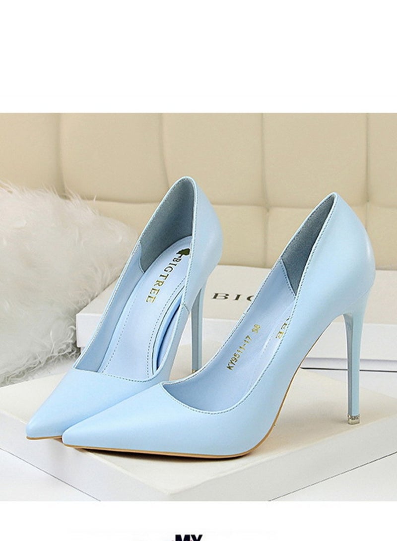 BIGTREE 10.5CM Fashion Simple Slim Heels With Bright Surface Patent Leather Shallow Mouth Pointed Head Slim Women's Heels Blue  - Image 1