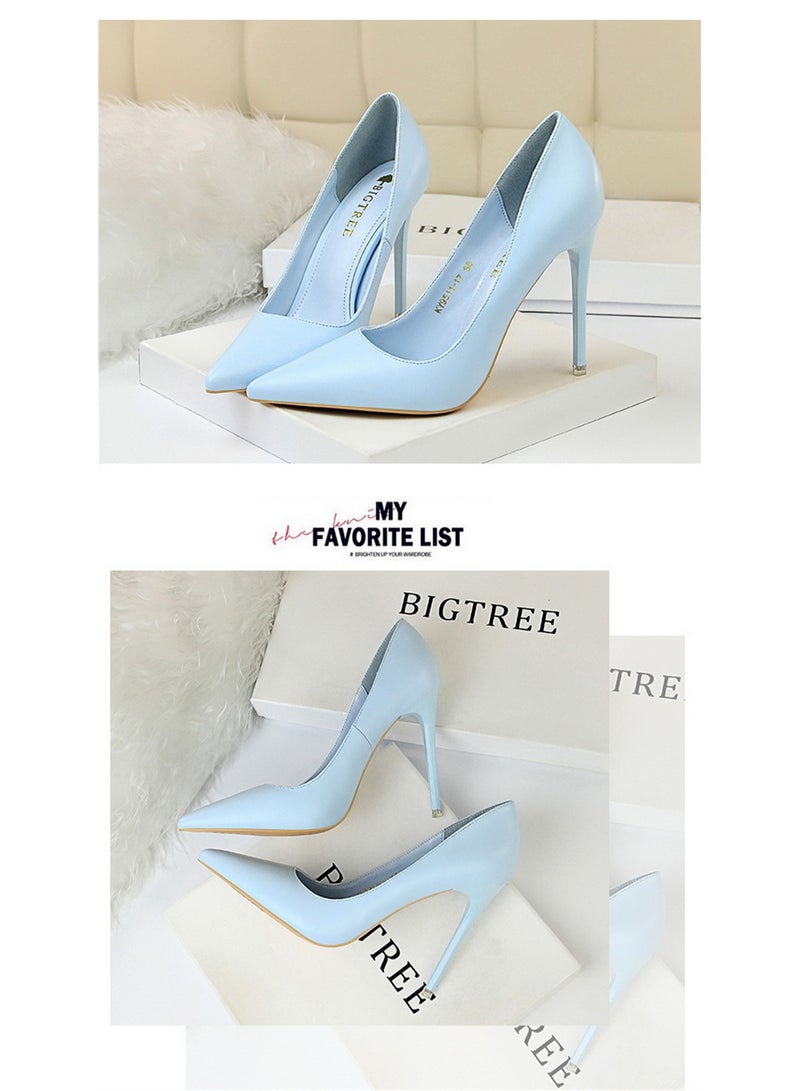 BIGTREE 10.5CM Fashion Simple Slim Heels With Bright Surface Patent Leather Shallow Mouth Pointed Head Slim Women's Heels Blue  - Image 2