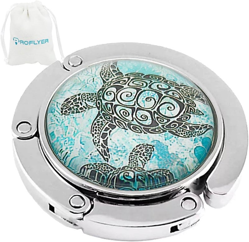 Cute Round Purse Hook - Foldable Handbag Hanger Safer Cleaner Bag, Fold Up Folding Table Hanger, with Velvet Pouch (Black Turtle)