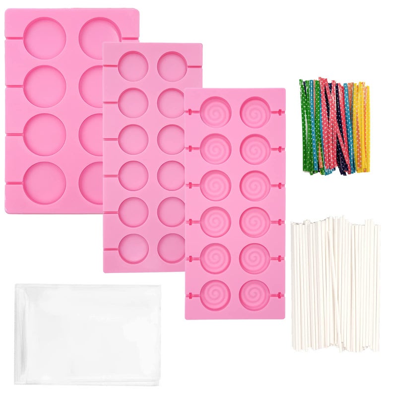 Shxmlf 3 Pack Silicone Lollipop Molds Round Swirl Shape With 50Pcs Lollipop Sticks and Bags Hard Candy Sucker Mold Chocolate Biscuit Baking Tool 8 Holes and 12 Holes SetPink