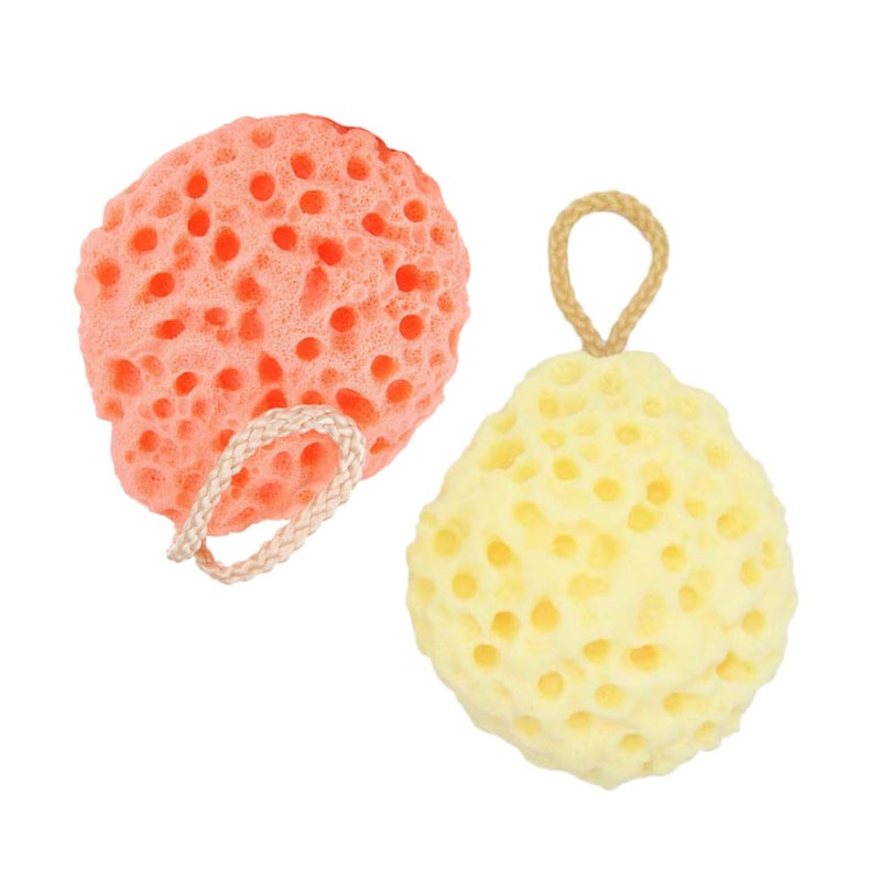 Honeycomb Bath Sponge 2 Pack Exfoliating Shower Ball With Strap Yellow Orange - Image 2