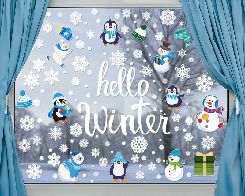 Large Size Hello Winter Window Clings for Christmas Snowflake Decoration Xmas Windows Decals Snowman Window Stickers for Showcase Home Decor Merry Christmas Party Supplies