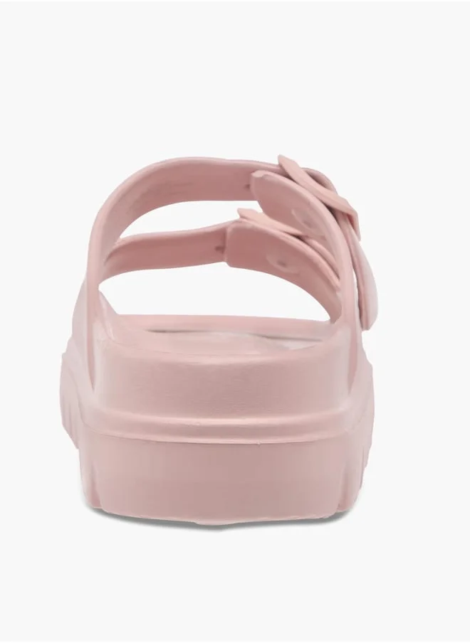 سيليست Womens Buckle Accent Slide Slippers With Slip-On Closure