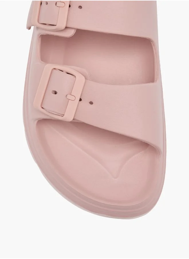 سيليست Womens Buckle Accent Slide Slippers With Slip-On Closure