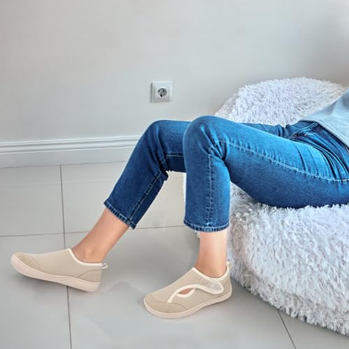 LeIsfIt Womens House Shoes Adjustable Diabetic Slippers Wide Arthritis Edema Barefoot Shoes Indoor Outdoor Slippers Beige Size 9.5 - Image 3