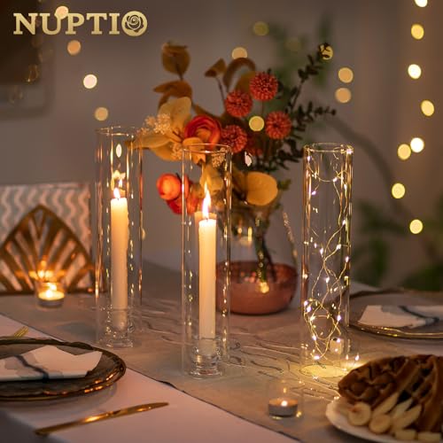 NUPTIO Candlestick Holder Bulk for Centerpiece Set of 10 Hurricane Glass Taper Candles Holder Clear Candle Stick Stand with Tall Cylinder Shade for Fall Thanksgiving Christmas Party Decor - Image 3
