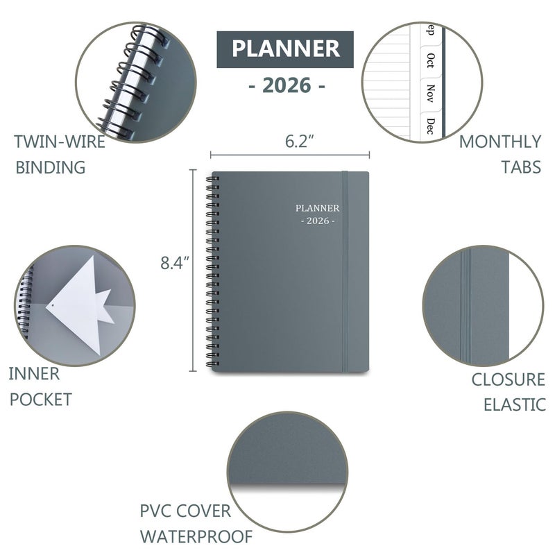 Tiankool Planner 2026, Jan 2026 - Dec 2026 Weekly Monthly Planner with 12 Monthly Tabs and Elastic Closure, Inner Pocket, Round Corner,5.8" x 8.25"- Grey - Image 2