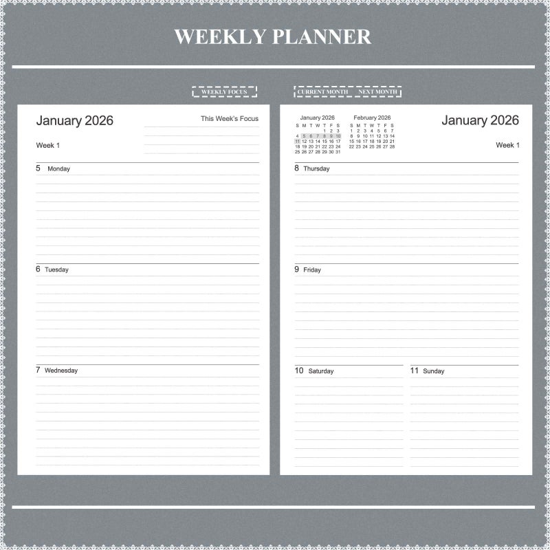 Tiankool Planner 2026, Jan 2026 - Dec 2026 Weekly Monthly Planner with 12 Monthly Tabs and Elastic Closure, Inner Pocket, Round Corner,5.8" x 8.25"- Grey - Image 5