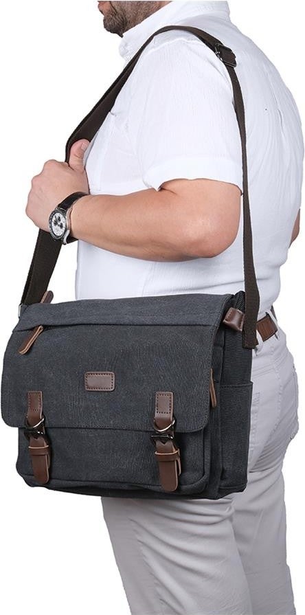 Bagacar Original Canvas Fabric Laptop Compartment Crossbody Bag Black - Image 2