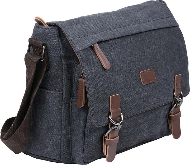 Bagacar Original Canvas Fabric Laptop Compartment Crossbody Bag Black - Image 1