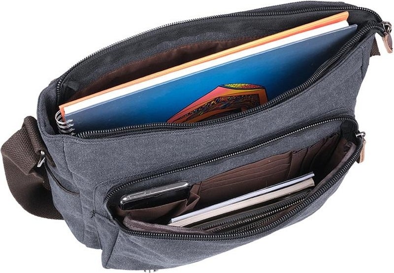Bagacar Original Canvas Fabric Laptop Compartment Crossbody Bag Black - Image 4