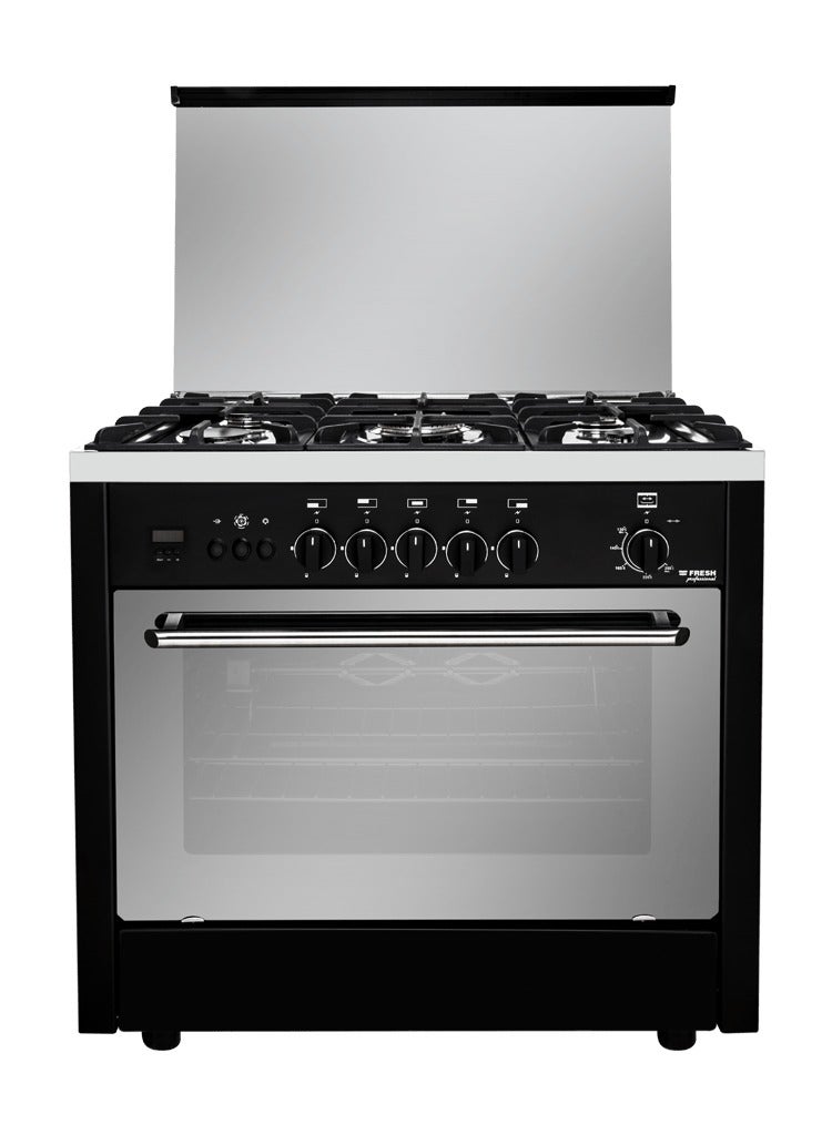 Fresh 5 burner 90cm professional black gas stove with safety fan, combustion timer, code 0087