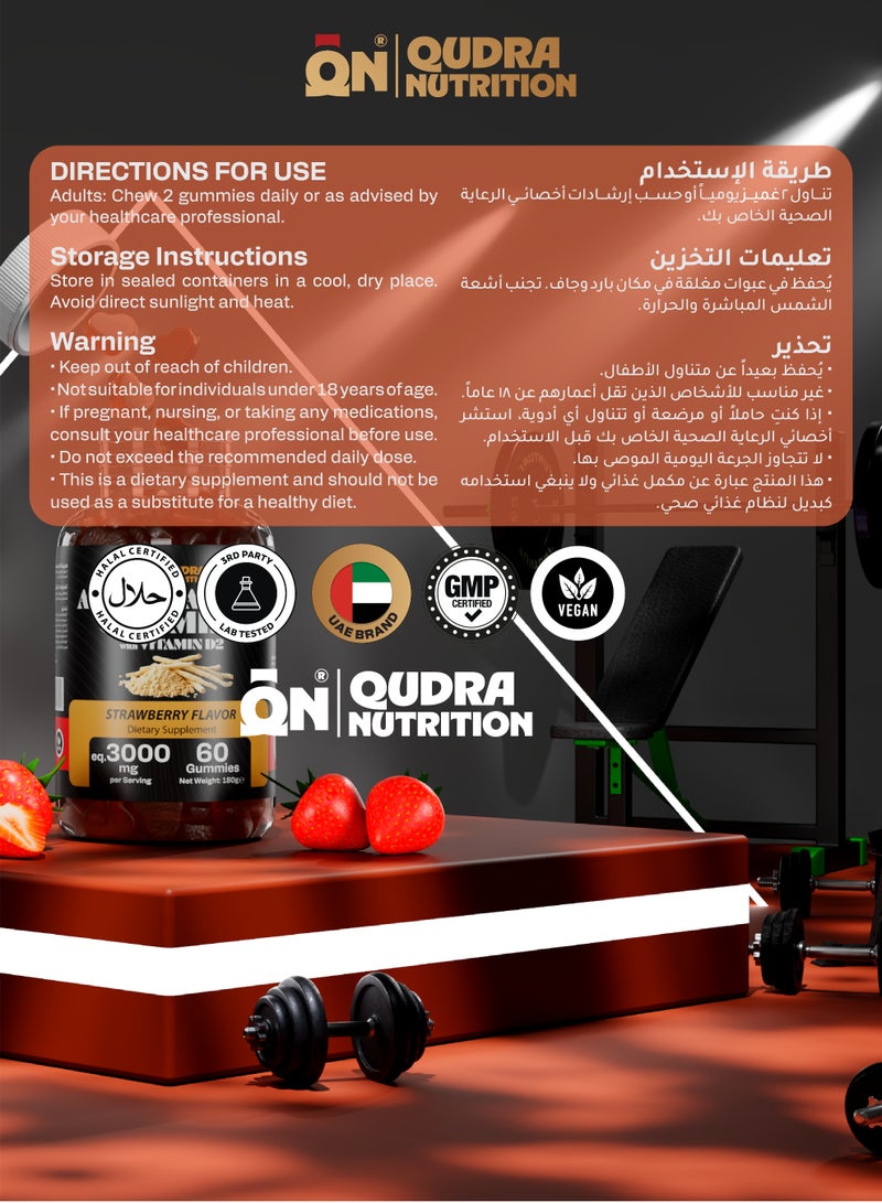 Qudra Nutrition Ashwagandha Extra Strength 3000mg with Vit D2 Gummies for Stress relief, Support Mood, Muscle Strength, Performance & Vitality (Vegan - Strawberry Flavour) – For Men and Women  - Image 5