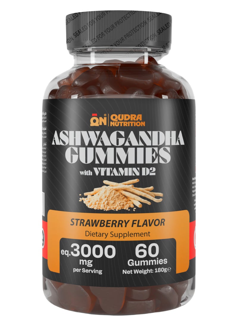 Qudra Nutrition Ashwagandha Extra Strength 3000mg with Vit D2 Gummies for Stress relief, Support Mood, Muscle Strength, Performance & Vitality (Vegan - Strawberry Flavour) – For Men and Women  - Image 1