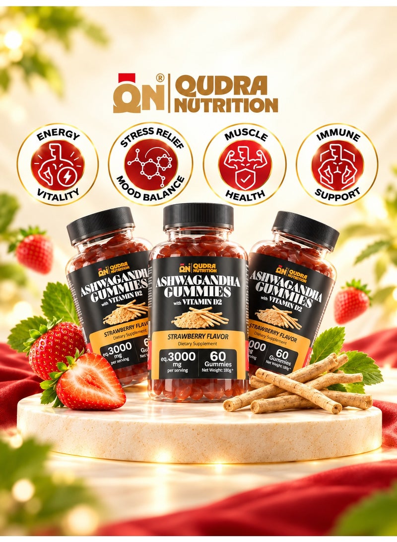 Qudra Nutrition Ashwagandha Extra Strength 3000mg with Vit D2 Gummies for Stress relief, Support Mood, Muscle Strength, Performance & Vitality (Vegan - Strawberry Flavour) – For Men and Women - Image 3