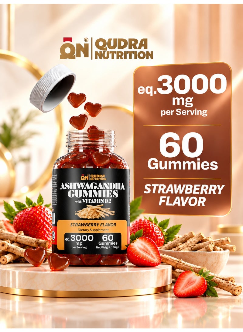 Qudra Nutrition Ashwagandha Extra Strength 3000mg with Vit D2 Gummies for Stress relief, Support Mood, Muscle Strength, Performance & Vitality (Vegan - Strawberry Flavour) – For Men and Women - Image 2
