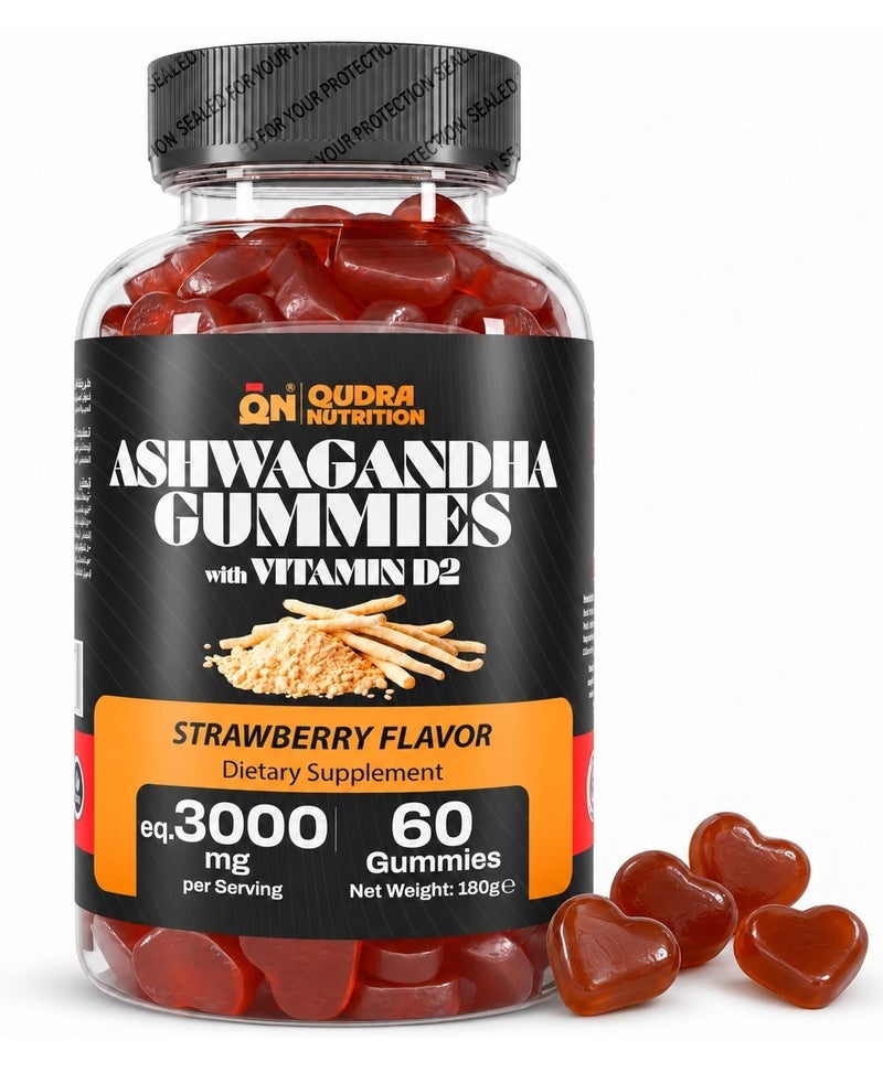 Qudra Nutrition Ashwagandha Extra Strength 3000mg with Vit D2 Gummies for Stress relief, Support Mood, Muscle Strength, Performance & Vitality (Vegan - Strawberry Flavour) – For Men and Women - Image 1