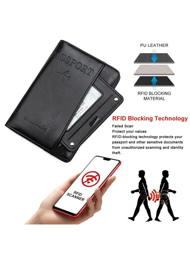 defway Passport holder Travel Wallet - RFID Blocking Passport Holder Cover for Cards, Holds Passport 4 Cards Cash, with Wrist Strap, Waterproof PU Leather Travel Wallet Organizer, Black, Casual - Image 4