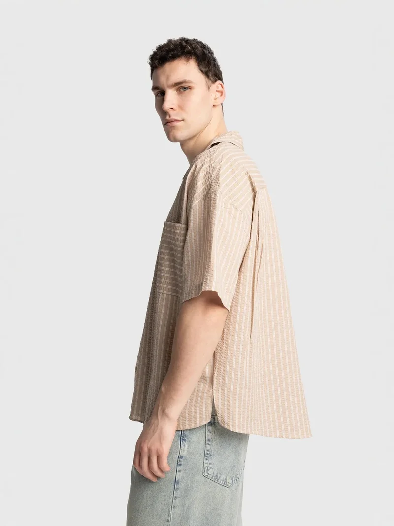 Giesto Beige Natural GIESTO Textured Striped Short Sleeve Shirt with Pocket for Men | Best Price UAE