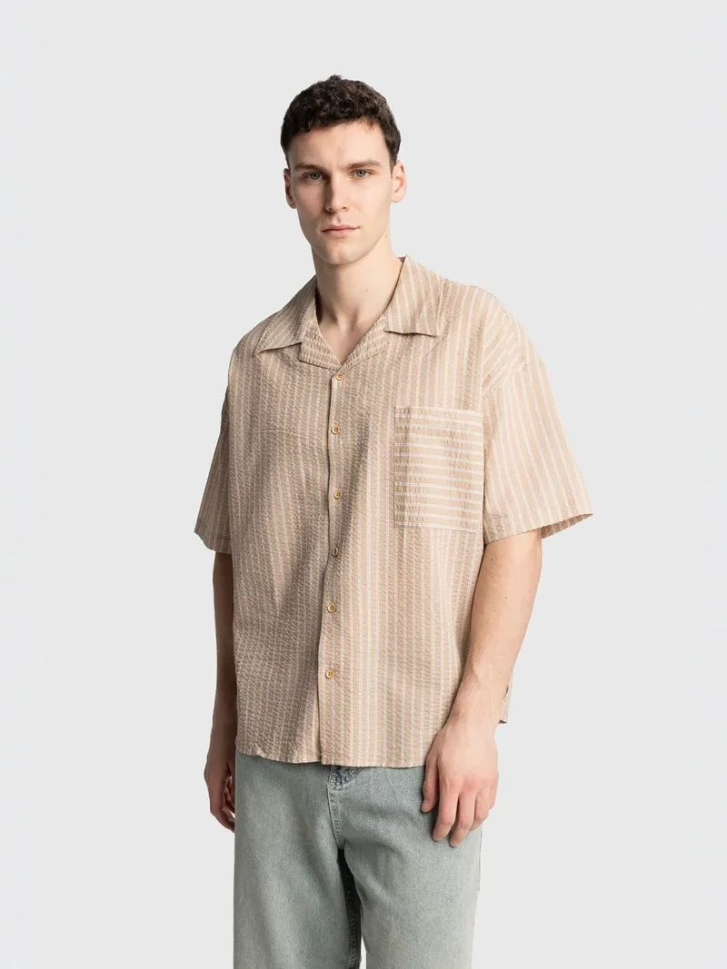 GIESTO Textured Striped Short Sleeve Shirt with Pocket