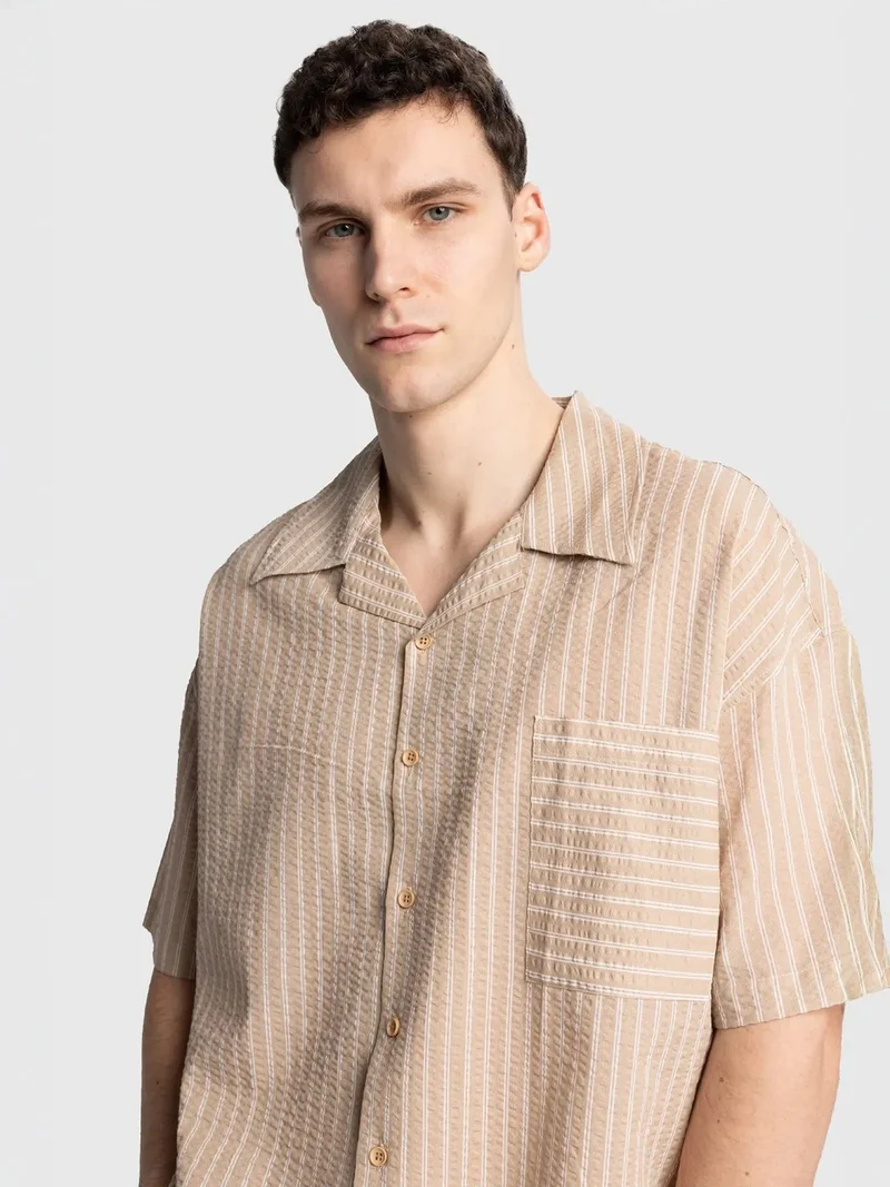 Giesto Beige Natural GIESTO Textured Striped Short Sleeve Shirt with Pocket for Men | Best Price UAE