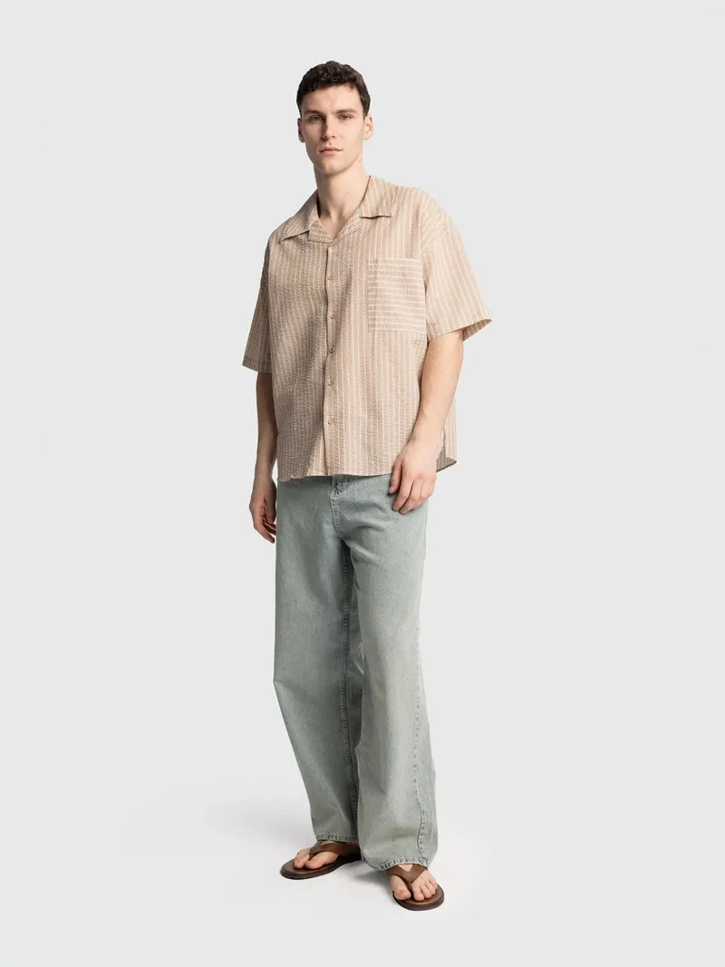 Giesto Beige Natural GIESTO Textured Striped Short Sleeve Shirt with Pocket for Men | Best Price UAE