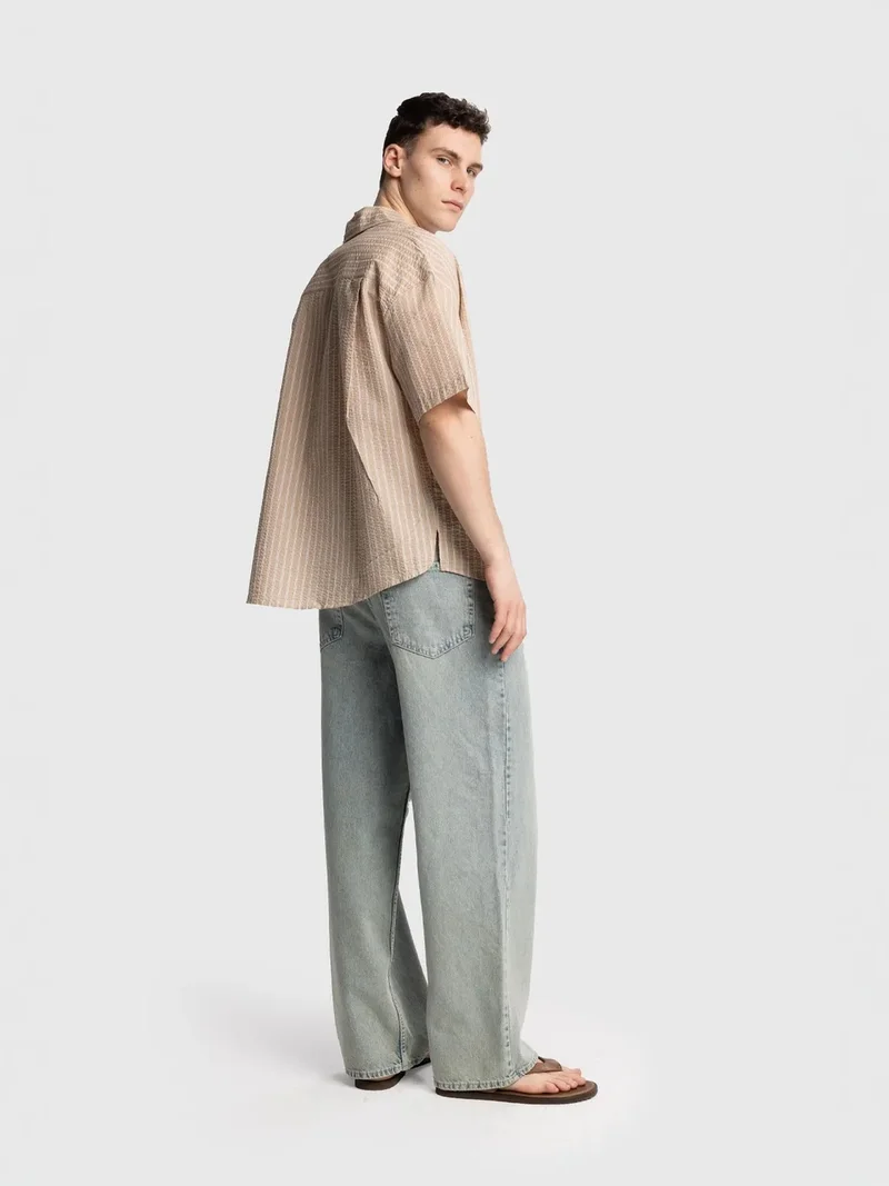 Giesto Beige Natural GIESTO Textured Striped Short Sleeve Shirt with Pocket for Men | Best Price UAE