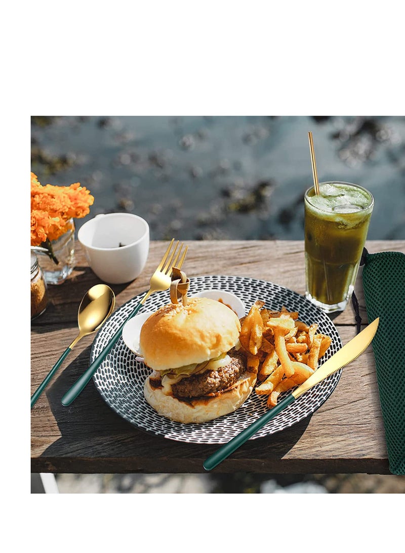 SYOSI Portable Reusable Cutlery Set, Travel Utensils Set with Case, Stainless Steel Flatware Set Including Knife Fork Spoon Chopsticks Straws Brush, Dishwasher Safe (8Pcs Green golden) - Image 4