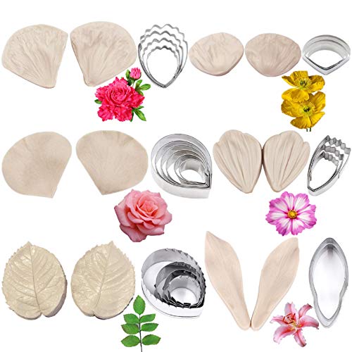 kulepin 12set Gum Paste Flower Tools Kit- Flower Silicone Veining Mold and Stainless Steel Cutter Fondant Paste Cookie Sugarcraft Making tools for Wedding,Birthday Cake Decorating - Image 1