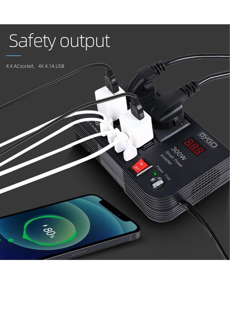 بي واي جي دي محول طاقة السيارة 300 واط DC 12V/24V إلى 220V AC مع 4 منافذ USB للشحن السريع و 2 مقبس عالمي مع شاشة LED متعددة الوظائف محول ضوئي - Image 5