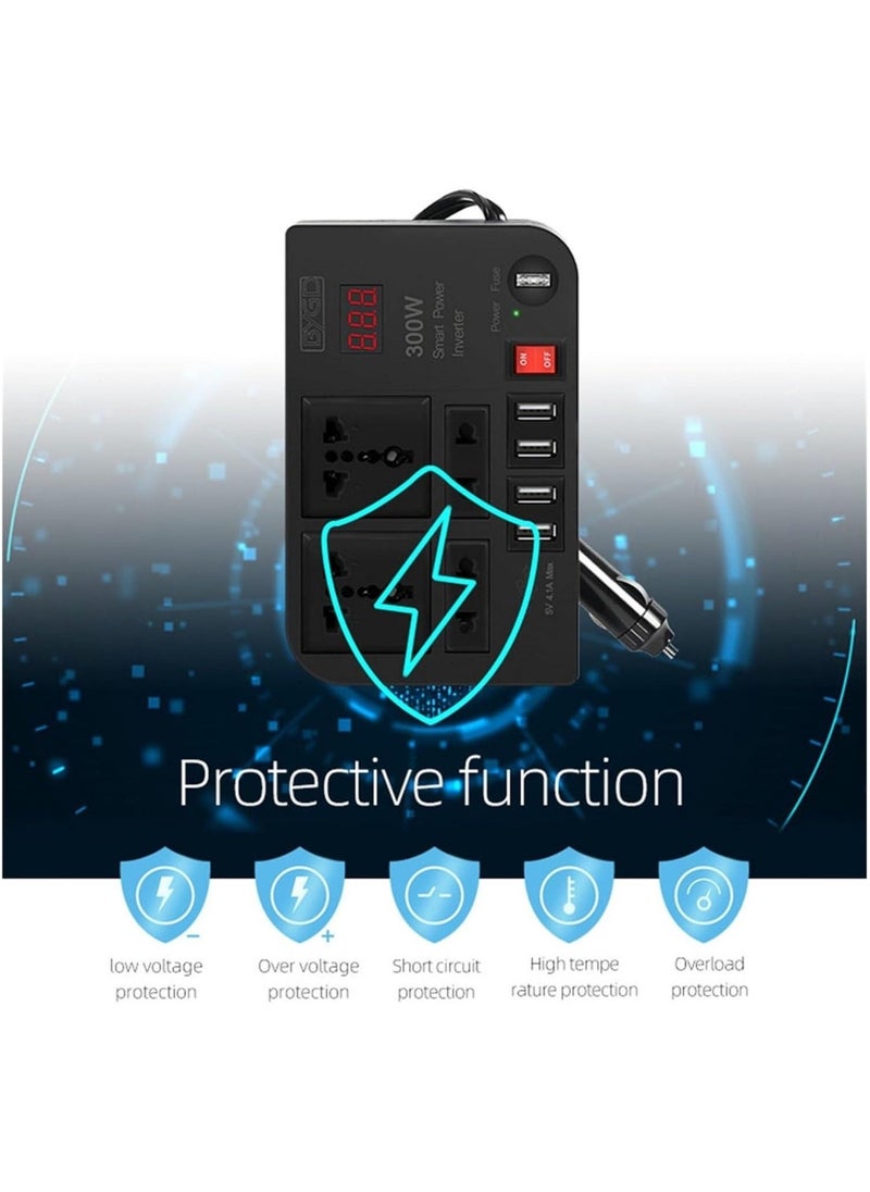 بي واي جي دي محول طاقة السيارة 300 واط DC 12V/24V إلى 220V AC مع 4 منافذ USB للشحن السريع و 2 مقبس عالمي مع شاشة LED متعددة الوظائف محول ضوئي - Image 4