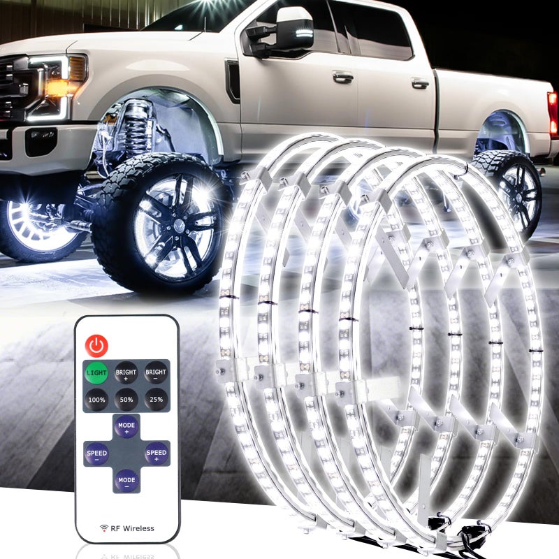 Tavaray 4PCS 17 Super Bright Double Row Pure White Wheel Lights Remote Control with Flashing Modes IP67 Waterproof 6500K LED Wheel Ring Lights for Trucks Cars SUV Pickup Vehicles Offroad - Image 2