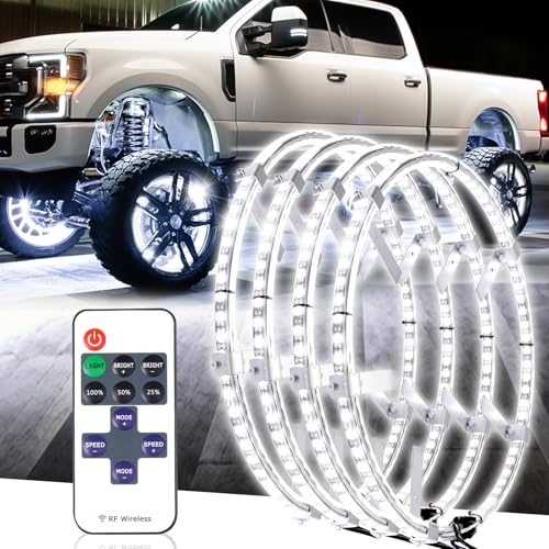 Tavaray 4PCS 17 Super Bright Double Row Pure White Wheel Lights Remote Control with Flashing Modes IP67 Waterproof 6500K LED Wheel Ring Lights for Trucks Cars SUV Pickup Vehicles Offroad - Image 1