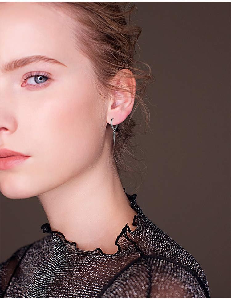 Dtja Minimalist Spike Dangle Drop Hoop Earrings for Women Girls 925 Sterling Silver Charms Hoops Cuff Cartilage Stud Tragus Helix Wrap Geometric Hypoallergenic Fashion Personalized Punk - Image 1