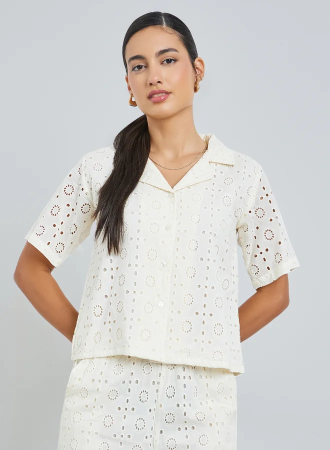 Styli White Embroidered Eyelet Top and Trousers Co-Ords
