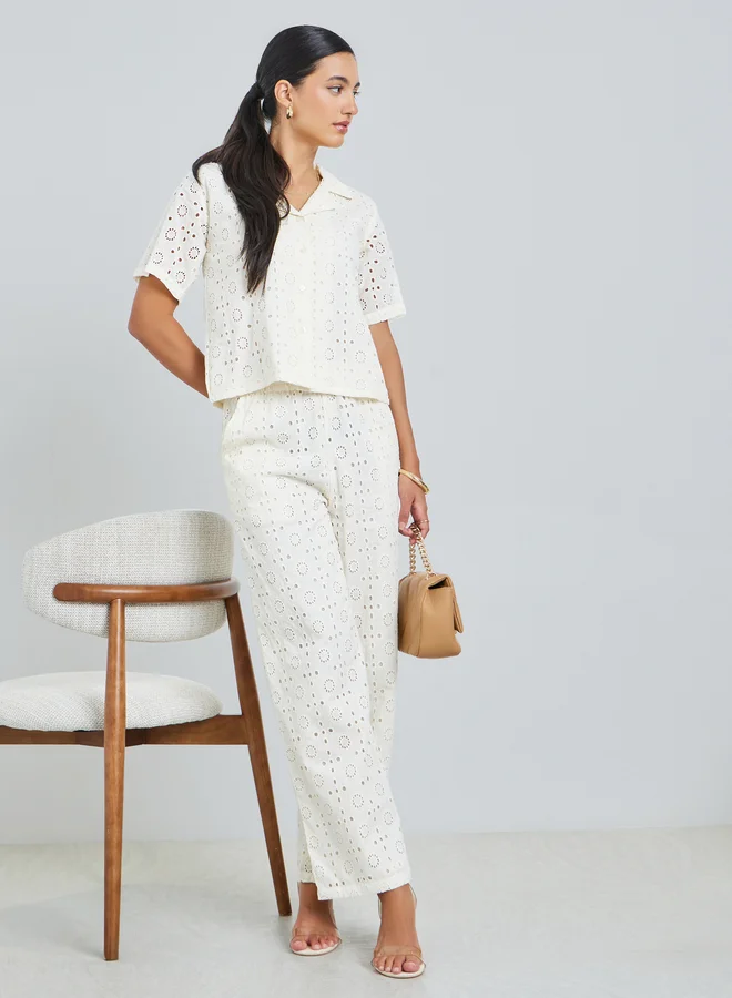 Styli White Embroidered Eyelet Top and Trousers Co-Ords