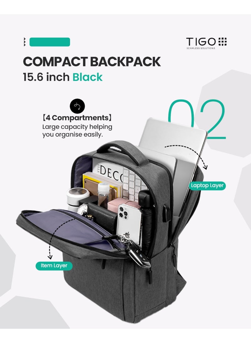T I G O 15.6'' Laptop Backpack Travel Notebook Computer Backpack Men Women Water Repellant Business Laptop Bag With USB Charging Port College School Casual Daypack Student Bookbag for Teens Boys Girls Black - Image 2