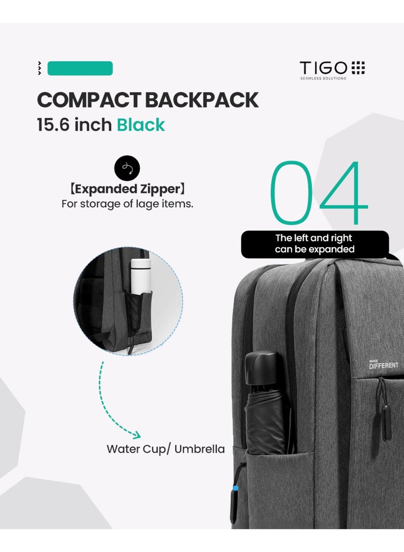 T I G O 15.6'' Laptop Backpack Travel Notebook Computer Backpack Men Women Water Repellant Business Laptop Bag With USB Charging Port College School Casual Daypack Student Bookbag for Teens Boys Girls Black - Image 4