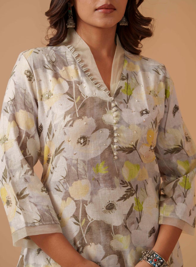 DW Floral Printed V-Neck Pure Cotton Tunic with Palazzo Co-Ords - Image 2