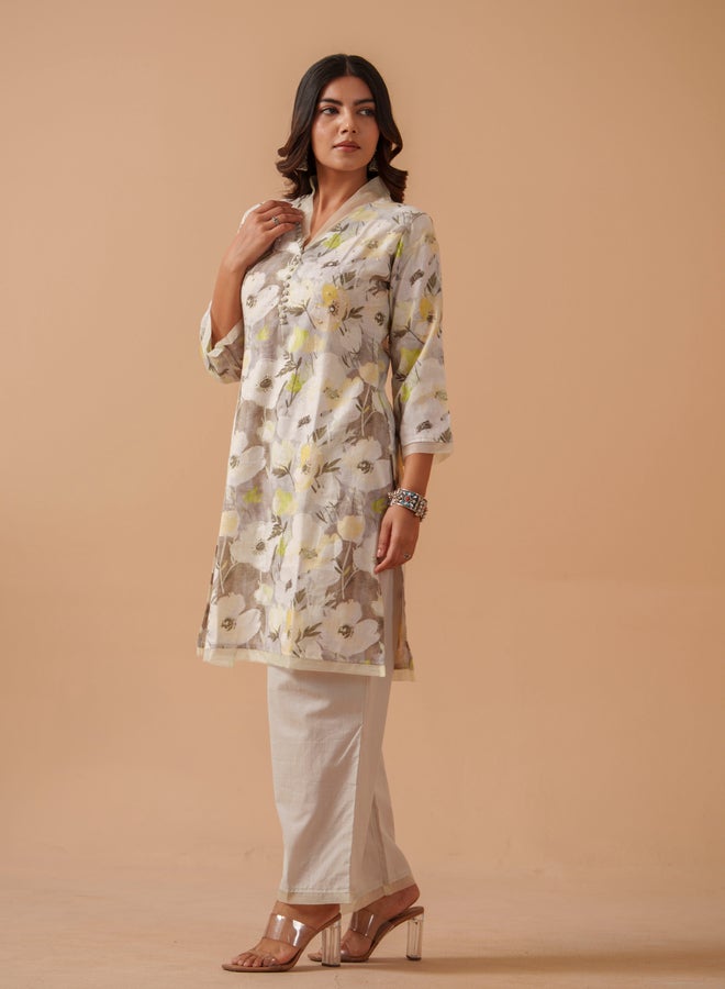 DW Floral Printed V-Neck Pure Cotton Tunic with Palazzo Co-Ords - Image 5