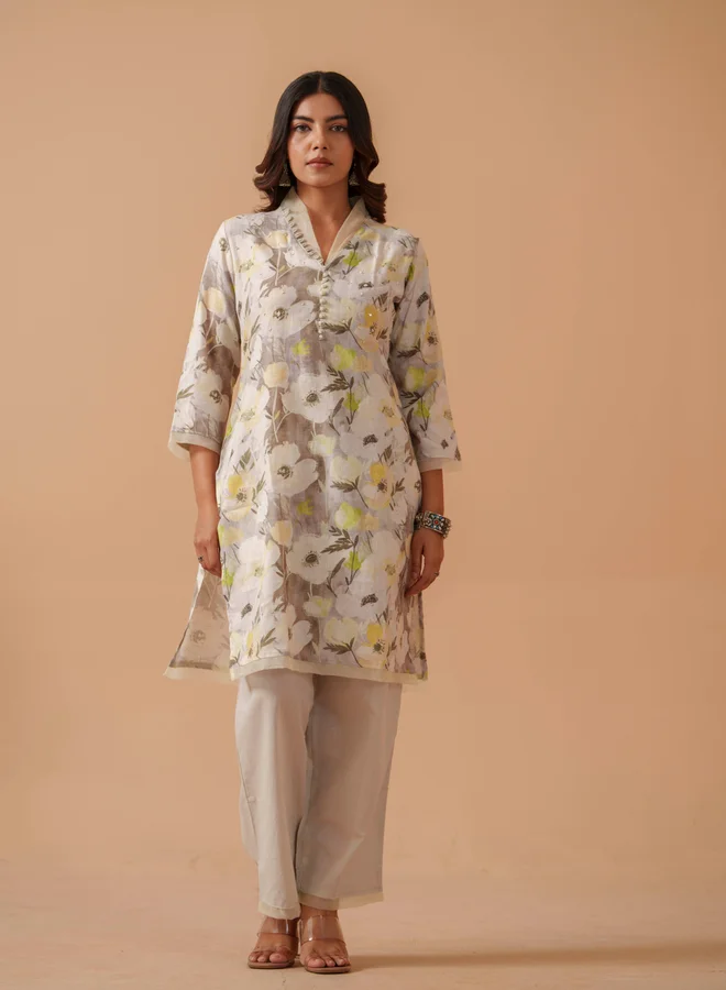 DW DW Floral Printed V-Neck Pure Cotton Tunic with Palazzo Co-Ords