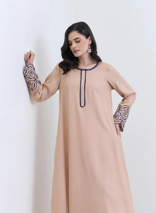 Amirah Beige Embroidered A-Line Jalabiya