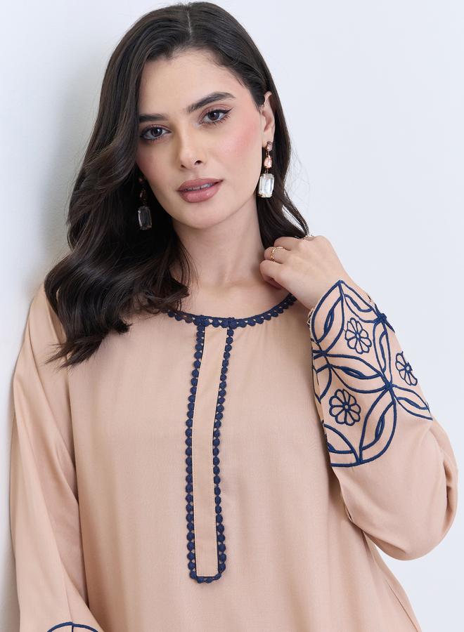 Amirah Beige Embroidered A-Line Jalabiya - Image 4